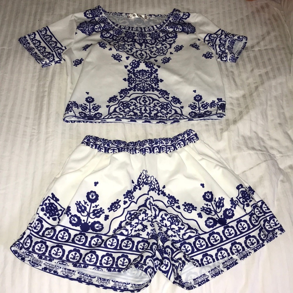 white and navy two piece